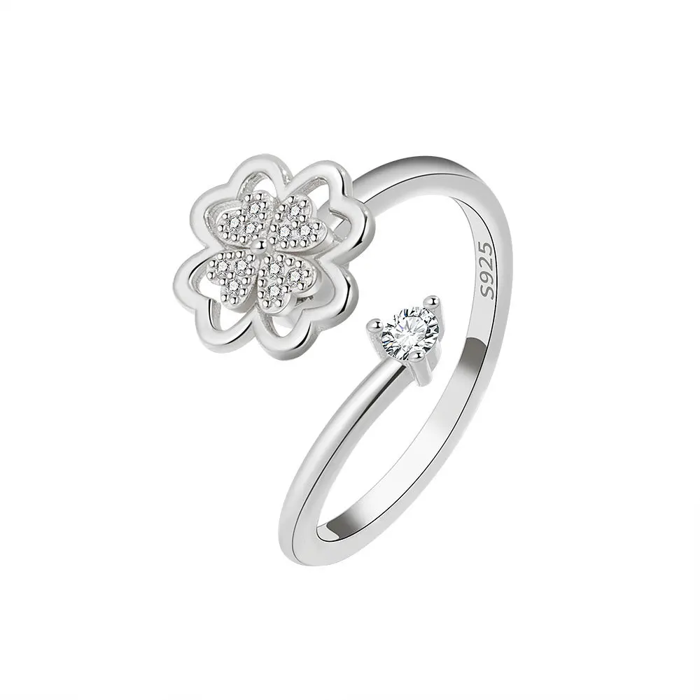 Zirconia Four Leaf Clover Spinning Open Adjustable Womens Ring 216045219969