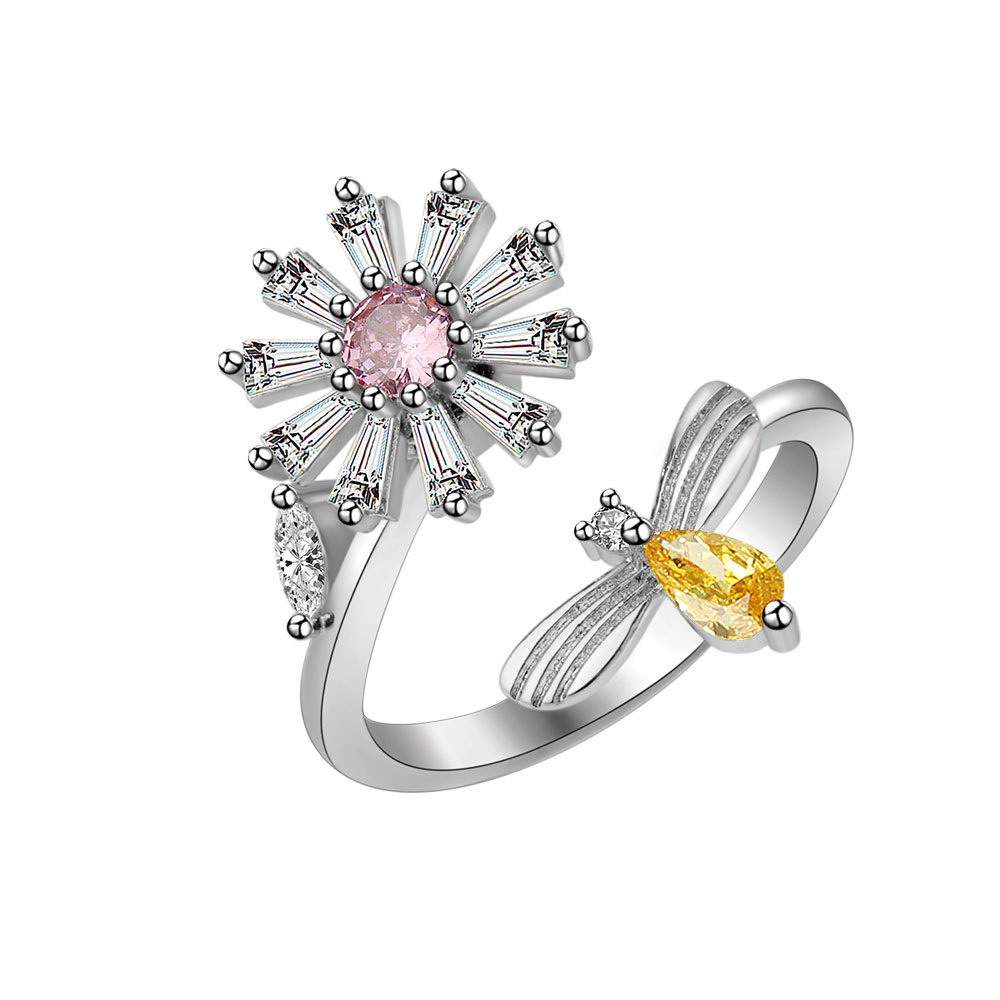 Spinner Ring Anxiety For Women Multiple Crystal Flower Bee Animal Ring Rotate Anti Stress Wedding Jewelry 216045224520