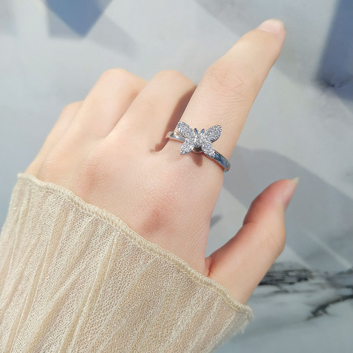 Butterfly Ring For Women Open Adjustable Cubic Zirconia Butterfly Finger Ring Elegant Birthday Jewelry