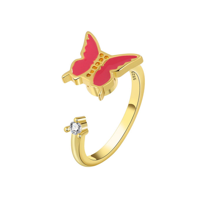 Red Elegant Butterfly Rings for Women Korean Trendy Inlaid Zircon Open Ring Sweet Girls Jewelry Gift