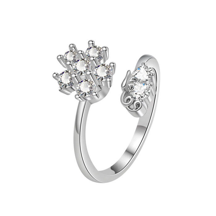 Shiny Cute Crystal Flower Zircon Rings for Women Korean Minimalist Wedding Ring Adjustable Silver Color Ring Jewelry
