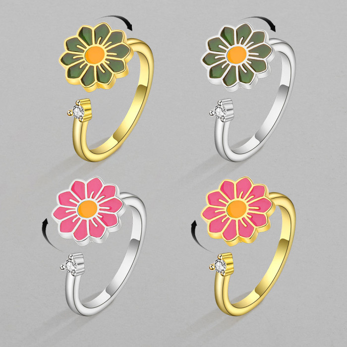 Anti Anxieties  Literary Flower Design Open Swivel Ring Women's Trendy Four Color Flower Design Ring