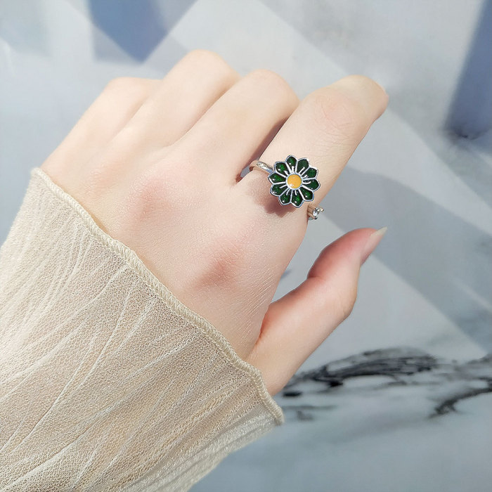 Anti Anxieties  Literary Flower Design Open Swivel Ring Women's Trendy Four Color Flower Design Ring