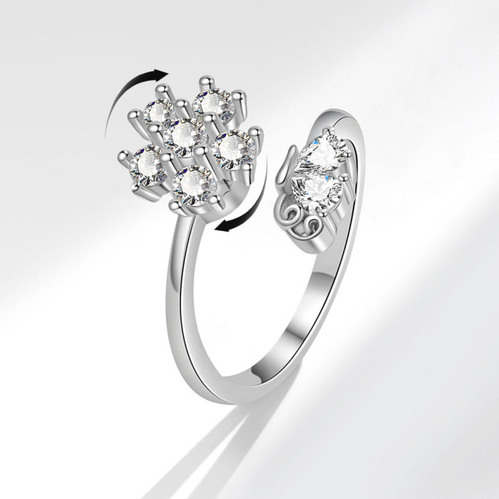 Shiny Cute Crystal Flower Zircon Rings for Women Korean Minimalist Wedding Ring Adjustable Silver Color Ring Jewelry