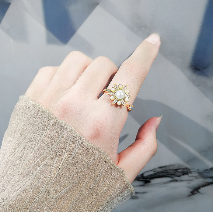 Luxury Gold Color Pearl Zircon Rings for Woman 2023 Vintage Open Ring Party Ring Fashion Elegant Jewelry Gifts