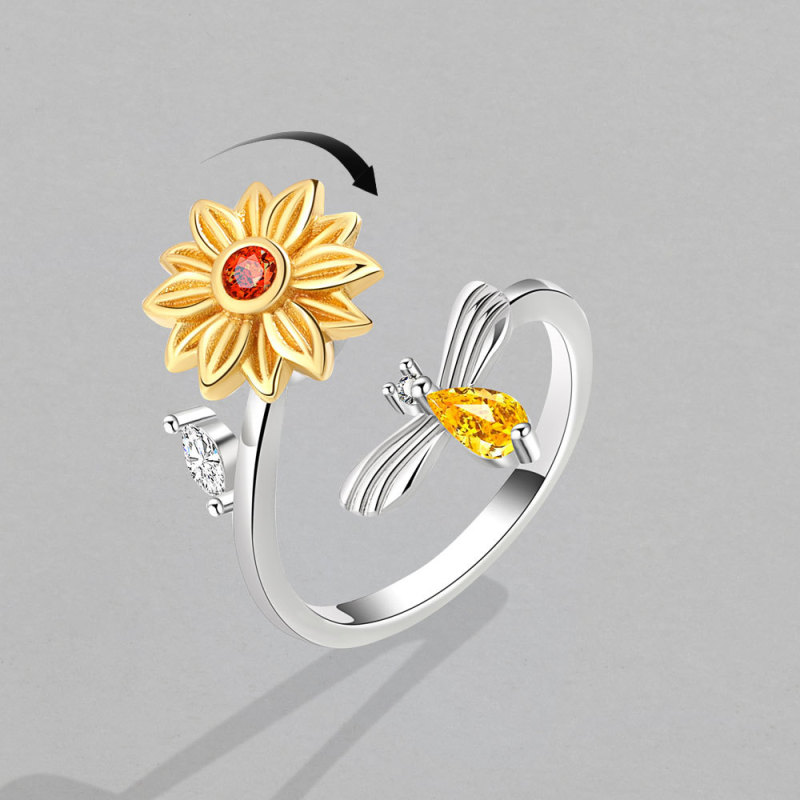 Diamond Sunflower Spinning Ring Women's Open Micro Adjustable Anxiety Resistant Ring