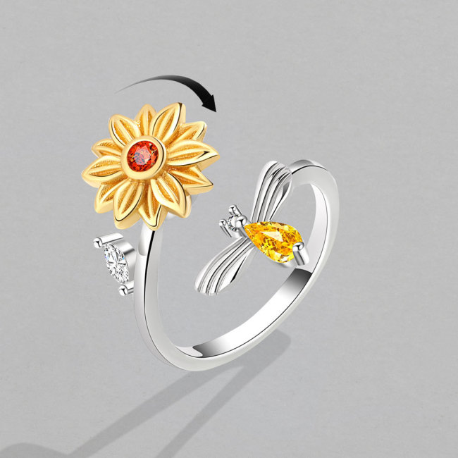 Diamond Sunflower Spinning Ring Women's Open Micro Adjustable Anxiety Resistant Ring