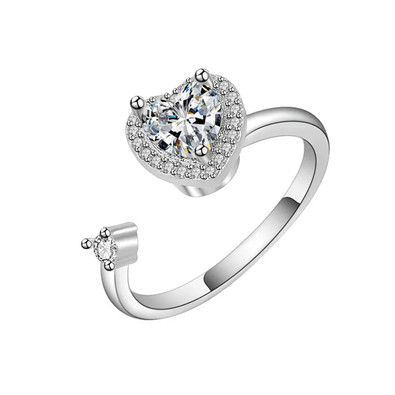 Anxiety Resistant Luxury Silver Color Heart Ring for Women Exquisite Fashion White Zircon Stones Wedding Ring Engagement Jewelry