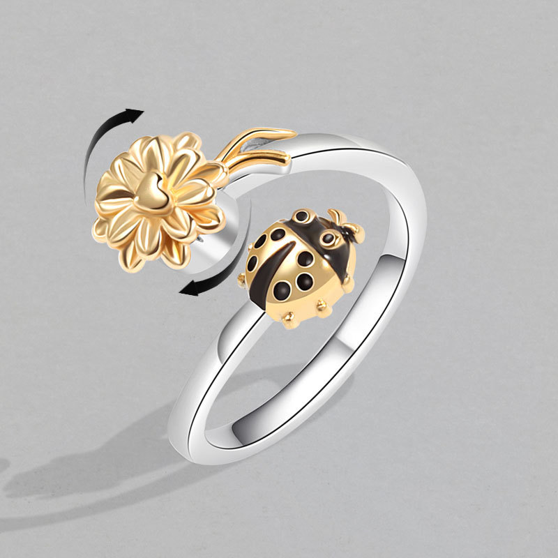 New Floral Seven-star Ladybug Rotatable Ring Girl Hand Jewelry Anti Stress Ring