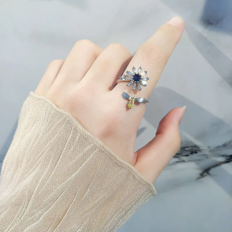 Luxury Zircon Flower Opening Rings for Women Cubic Zirconia Adjustable Finger Ring Wedding Jewelry