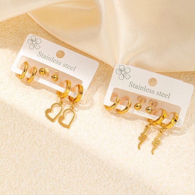 3Pair/Set Stainless Steel Snake Heart Charm Earrings For Women Girls Holiday Summer Jewelry