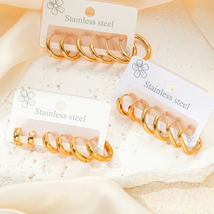 3 Pairs/Set Glossy Metal Huggie Hoop Earrings Gold Color Plated Copper Women Jewelry