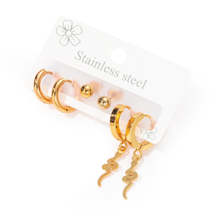 3Pair/Set Stainless Steel Snake Heart Charm Earrings For Women Girls Holiday Summer Jewelry