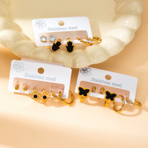 Chic Stylish Hot Sale 3 pair/set Stainless Steel Black Butrefly Eye Stud Earrings for Women