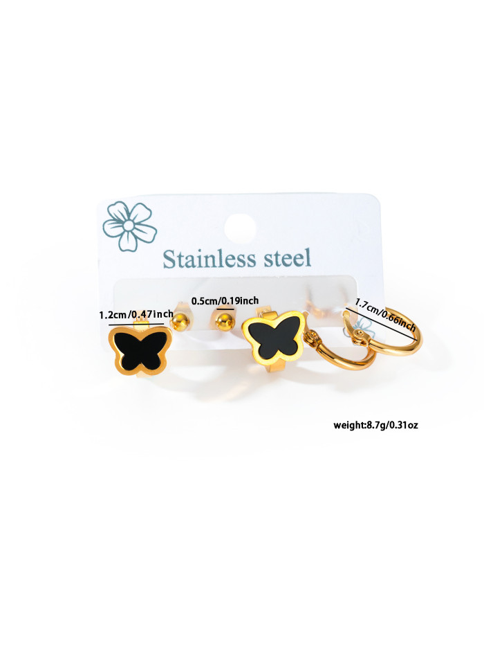Chic Stylish Hot Sale 3 pair/set Stainless Steel Black Butrefly Eye Stud Earrings for Women