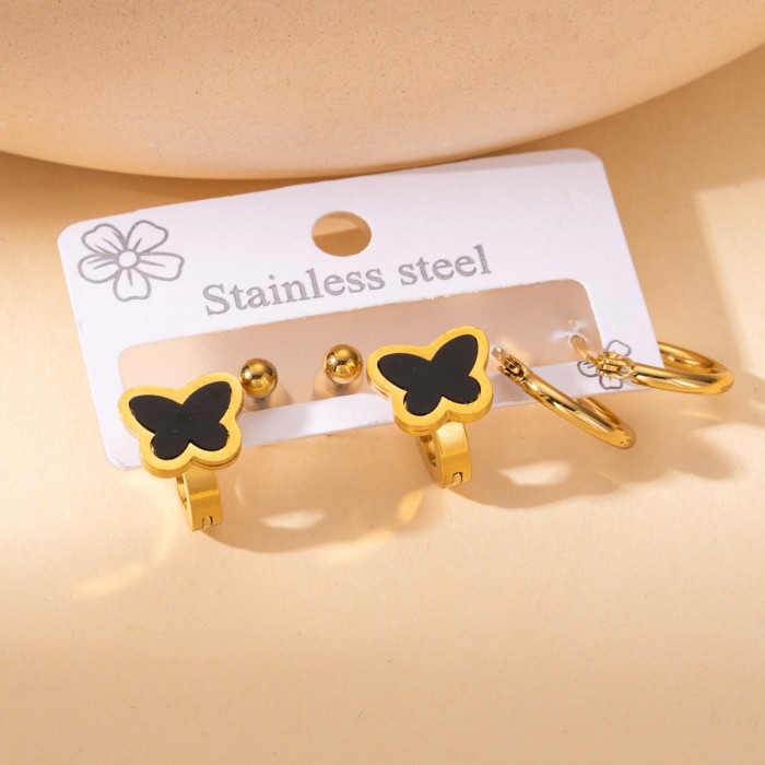 Chic Stylish Hot Sale 3 pair/set Stainless Steel Black Butrefly Eye Stud Earrings for Women