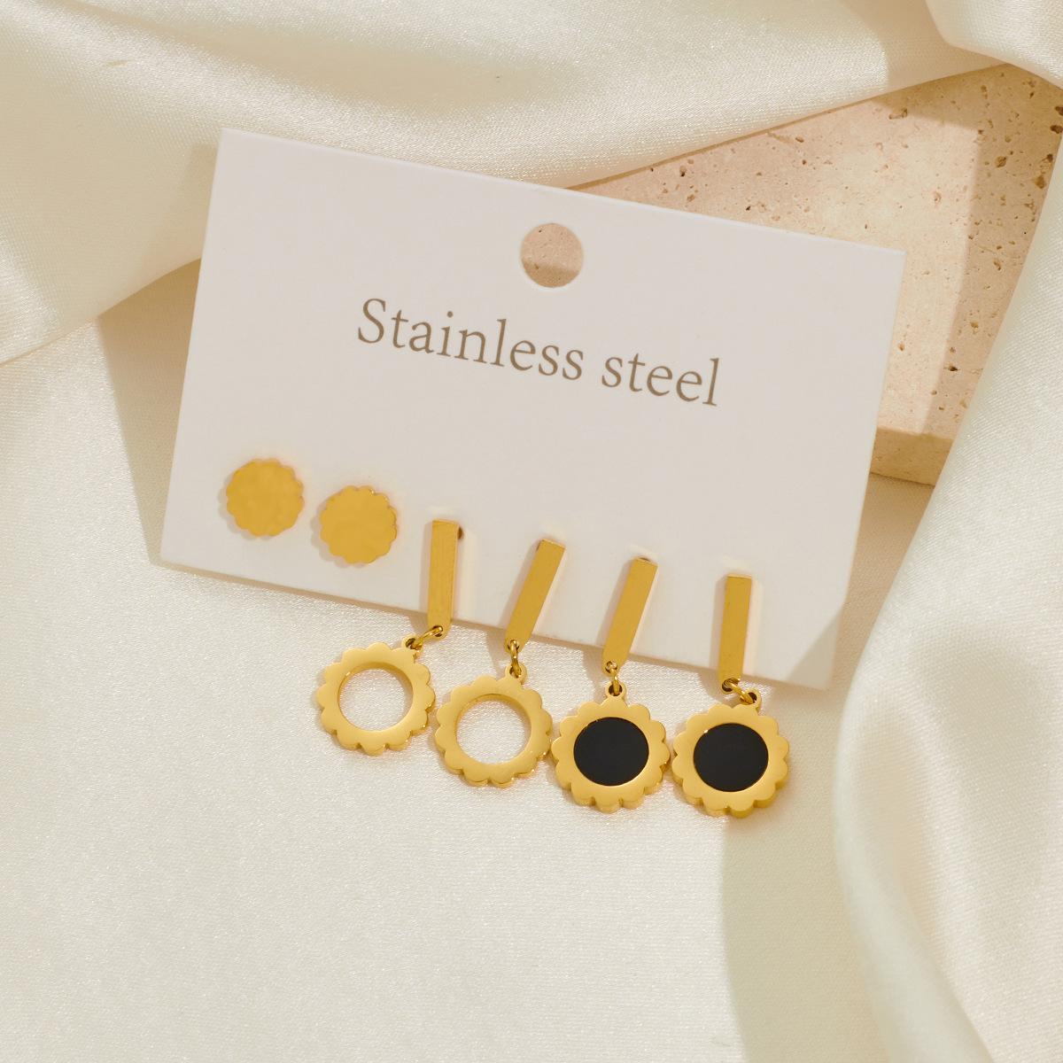 Trendy Stainless Steel Flower Earrings Jewelry 3 Set 18K Gold Plated Party Earrings For Women Girls 216045186513