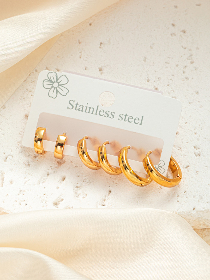 3 Pairs/Set Glossy Metal Huggie Hoop Earrings Gold Color Plated Copper Women Jewelry