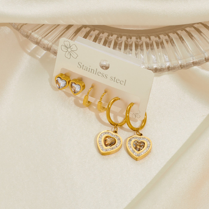 Trendy Stainless Steel Geometric Rhinestone Hoop Earrings Jewelry 3Pcs/Set CZ Crystal Party Earrings For Women