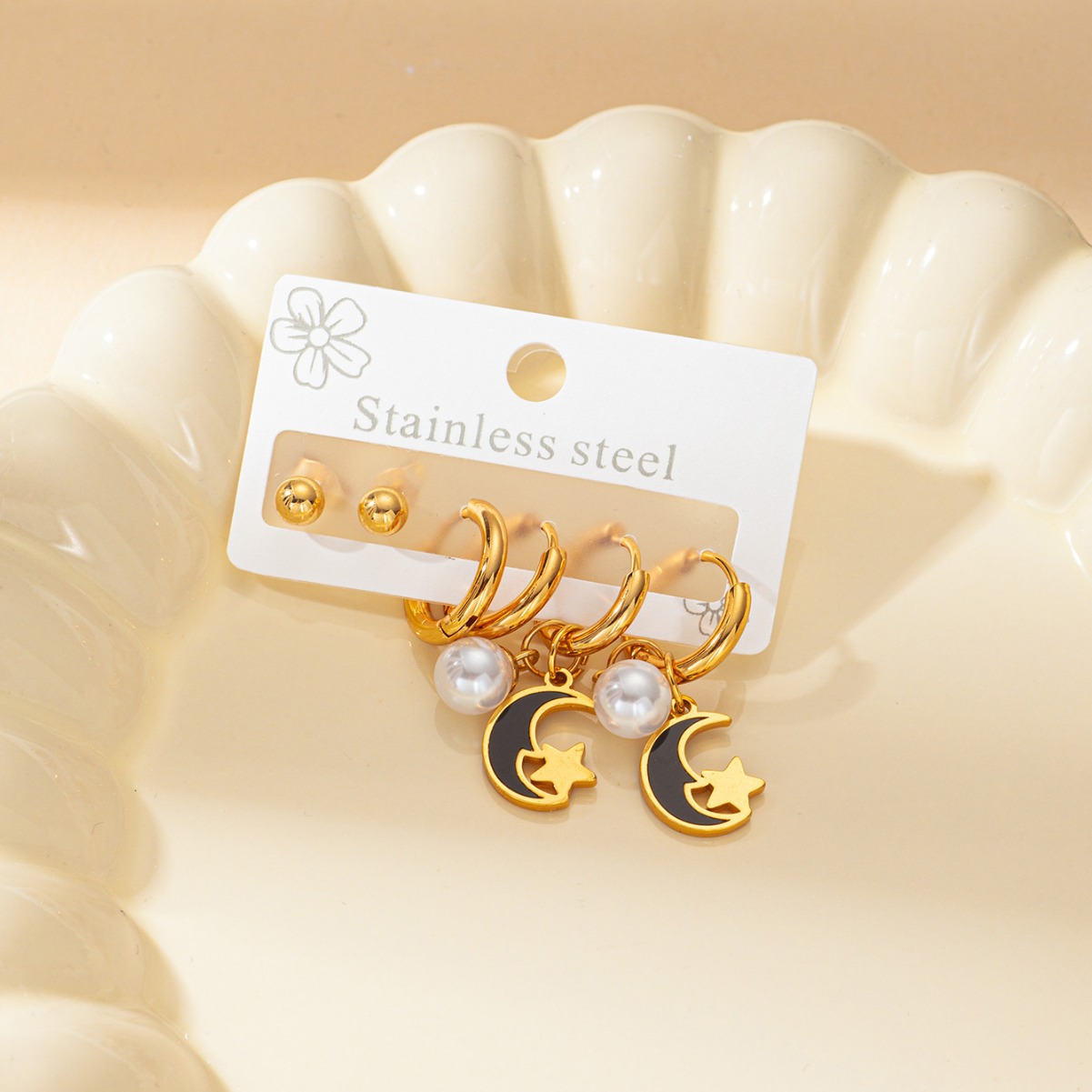 Chic Stylish 316L Stainless Steel 3 Pair/Set Flower Star Moon Heart Earring Sets For Women Jewelry Simple Temperament Wholesale 216045187989