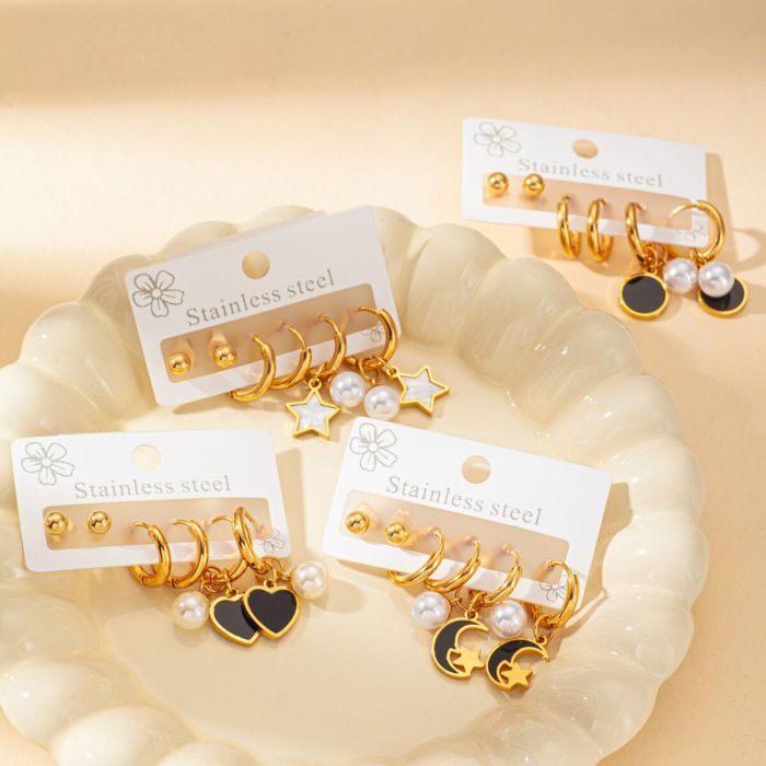 Chic Stylish 316L Stainless Steel 3 Pair/set Flower Star Moon Heart Earring Sets for Women Jewelry Simple Temperament Wholesale