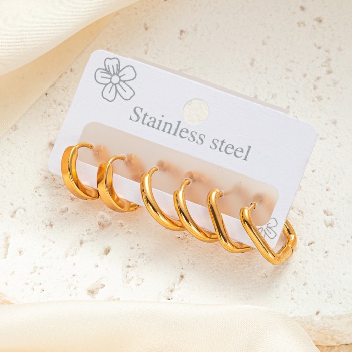 3 Pairs/Set Glossy Metal Huggie Hoop Earrings Gold Color Plated Copper Women Jewelry
