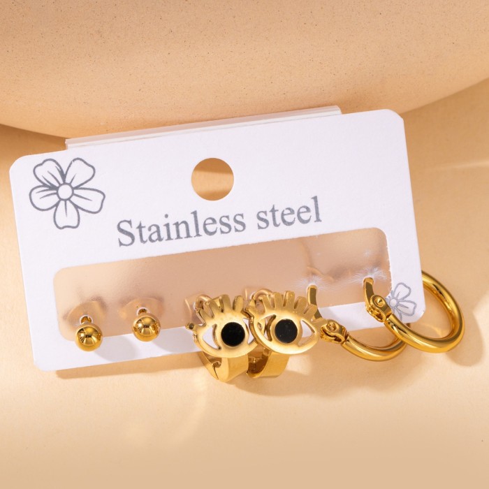 Chic Stylish Hot Sale 3 pair/set Stainless Steel Black Butrefly Eye Stud Earrings for Women