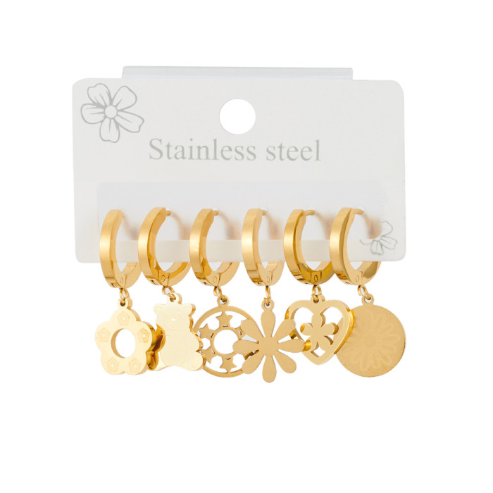 Chic Stylish Trendy Stainless Steel 6 Pieces Set Bear Flowers Earring for Women Cute Exquisite Jewelry Gifts Wholesale