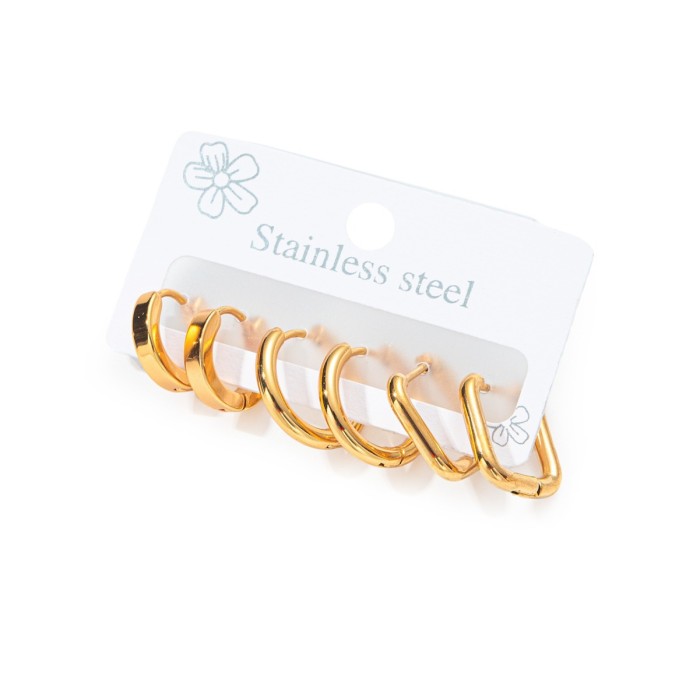 3 Pairs/Set Glossy Metal Huggie Hoop Earrings Gold Color Plated Copper Women Jewelry