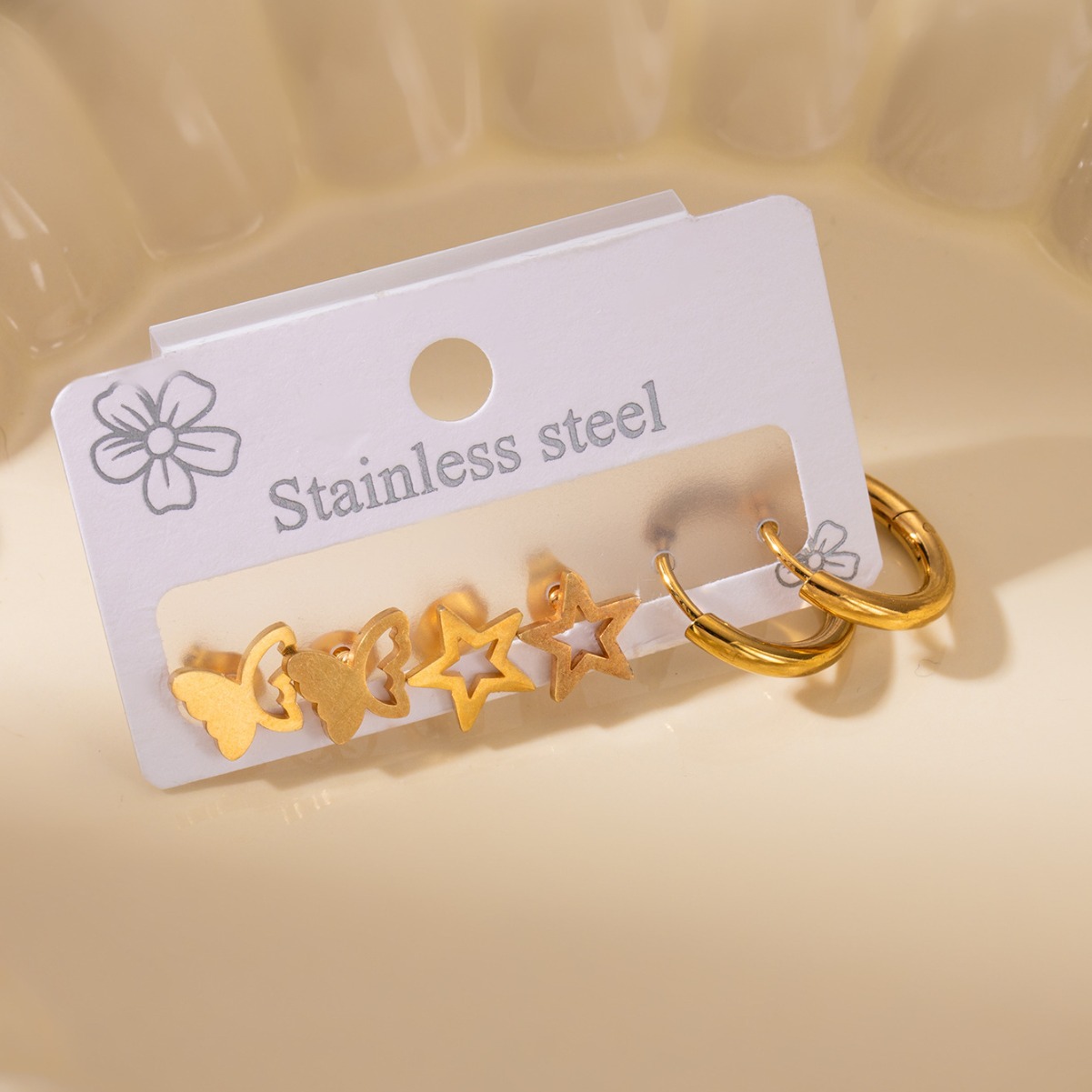 Flyfyp Trendy Titanium Stainless Steel Star Flower Earrings Jewelry 3Pair/Set Earrings For Women Girls 216045182946