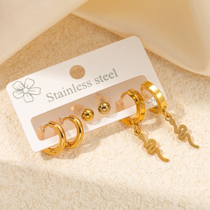 3Pair/Set Stainless Steel Snake Heart Charm Earrings For Women Girls Holiday Summer Jewelry