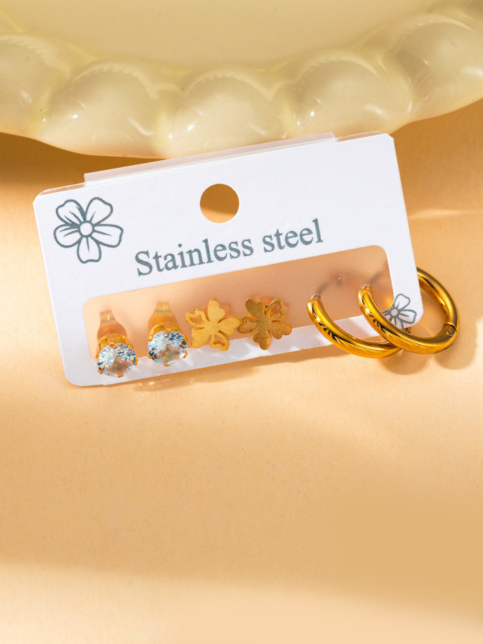 Trendy Titanium Stainless Steel Flower Earrings Jewelry 3Pair/Set Crystal Earrings for Women Girls