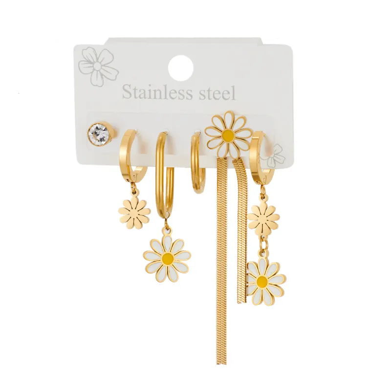 Chic Stylish 316L Stainless Steel 6 Pieces Set Flower Tassels Earring for Women Shiny Temperament Jewelry Gifts Wholesale