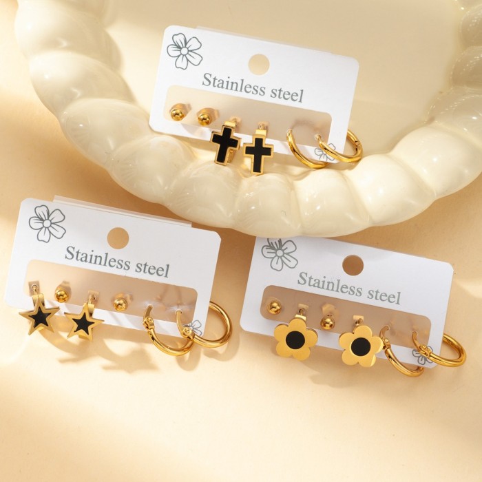 Trendy Titanium Stainless Steel Star Flower Cross Earrings Jewelry 3Pair/Set Earrings For Women Girls
