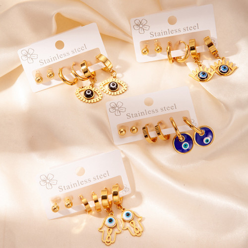 Chic Stylish Trendy 18K Gold Plated Stainless Steel Blue Turkish Eyes Earrings Jewelry 3Pair/Set Earrings For Women