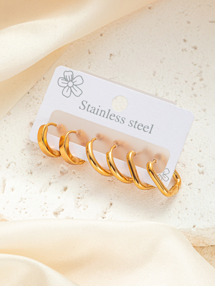 3 Pairs/Set Glossy Metal Huggie Hoop Earrings Gold Color Plated Copper Women Jewelry