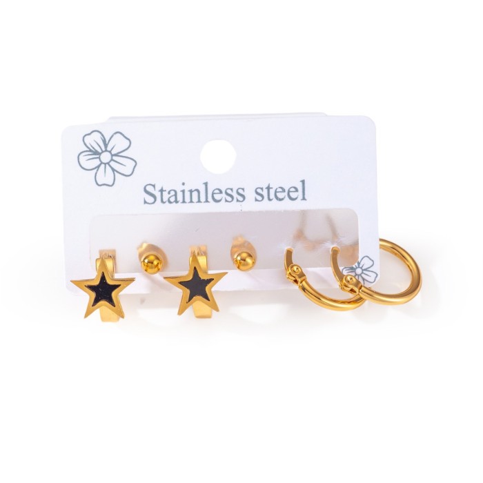 Trendy Titanium Stainless Steel Star Flower Cross Earrings Jewelry 3Pair/Set Earrings For Women Girls