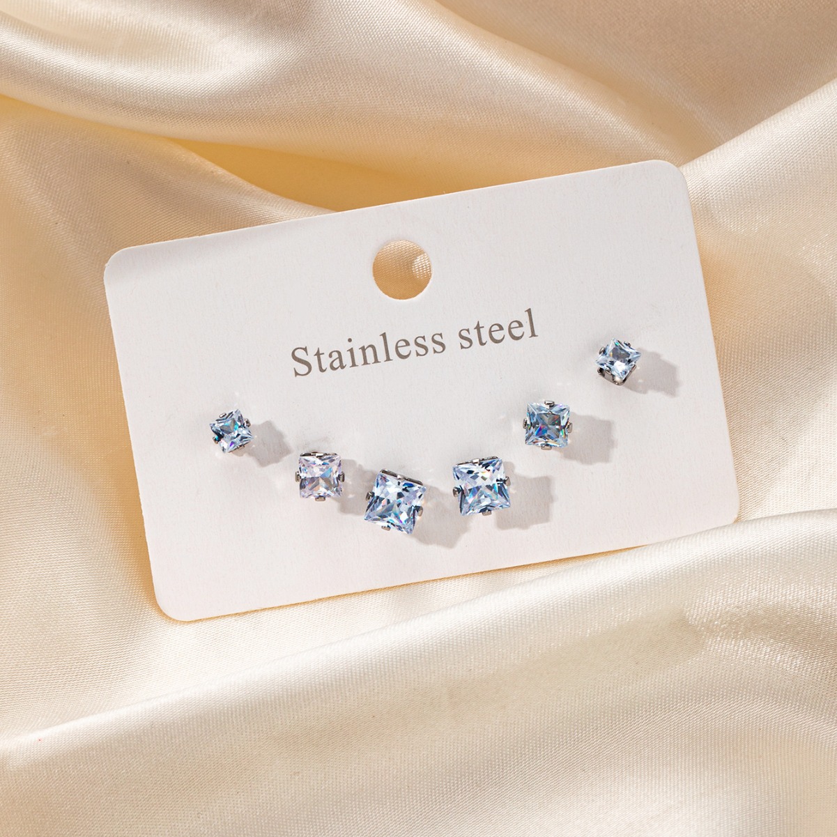 Classic 3 Pairs Square Round Cubic Zircon Stud Earrings Set Crystal Jewelry 216045189096