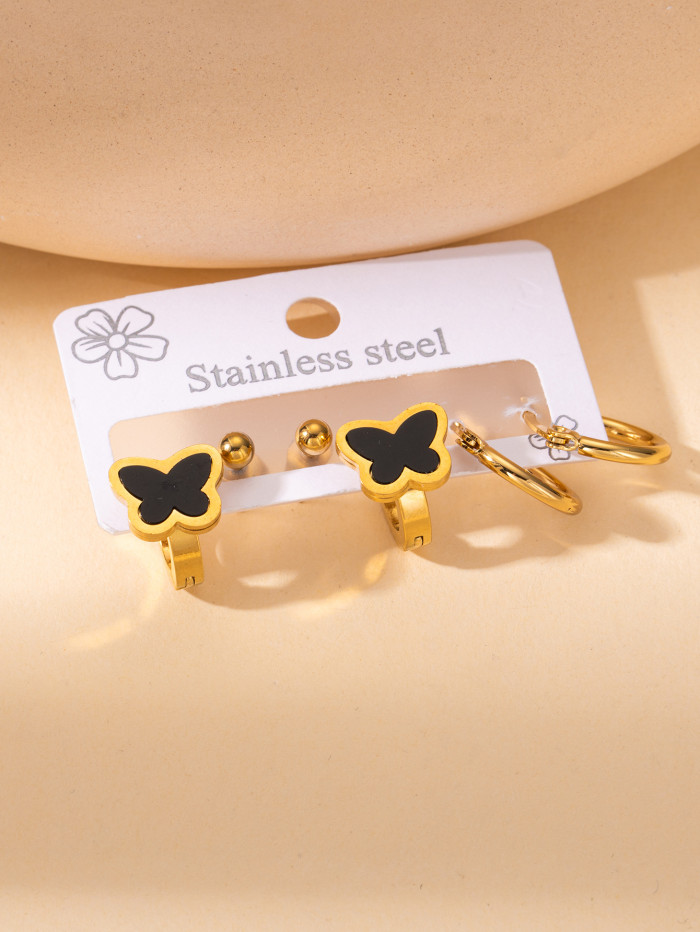 Chic Stylish Hot Sale 3 pair/set Stainless Steel Black Butrefly Eye Stud Earrings for Women