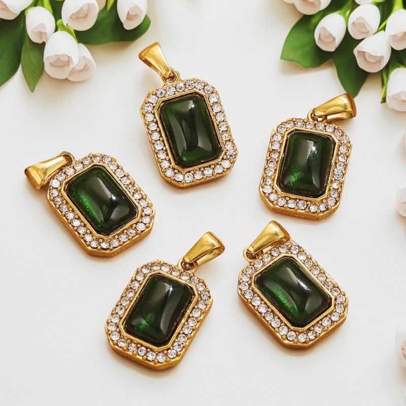 Stainless Steel 18K Gold Plated Green Zircon Pendant Necklace for Woman Jewelry Wholesale