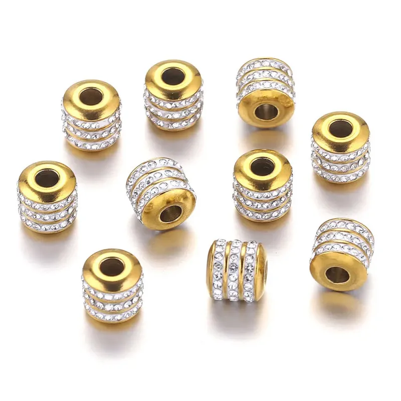 Golden Stainless Steel Beads Rhinestones Round Tube Beads Charms for Jewelry Making DIY Accessories