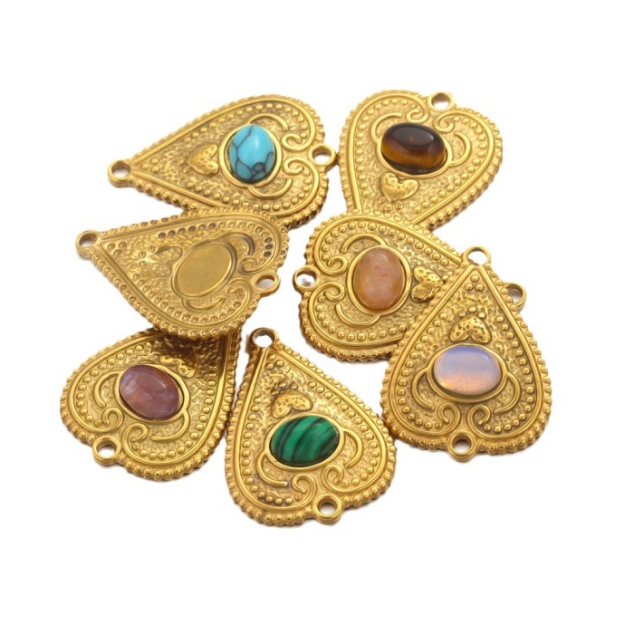 Stainless Steel Oval Bohemian Natural Stone Heart Pendant DIY Accessory Accessories Necklace