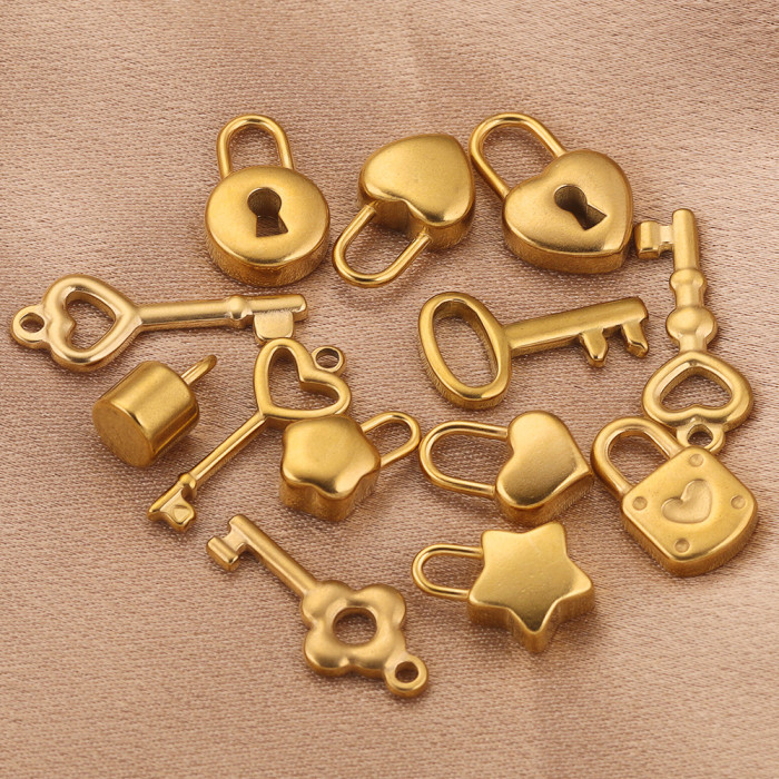 Stainless Steel Gold Color Key Lock Charms Couple Pendants DIY Lovers Necklace Accessories Hip Hop Bracelet Jewelry M...