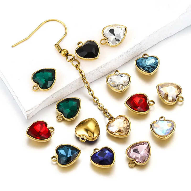 Stainless Steel PVD Plated Heart Glass Crystal Charms for DIY Jewelry Necklace Findings Bracelet Supplies Earrings Making