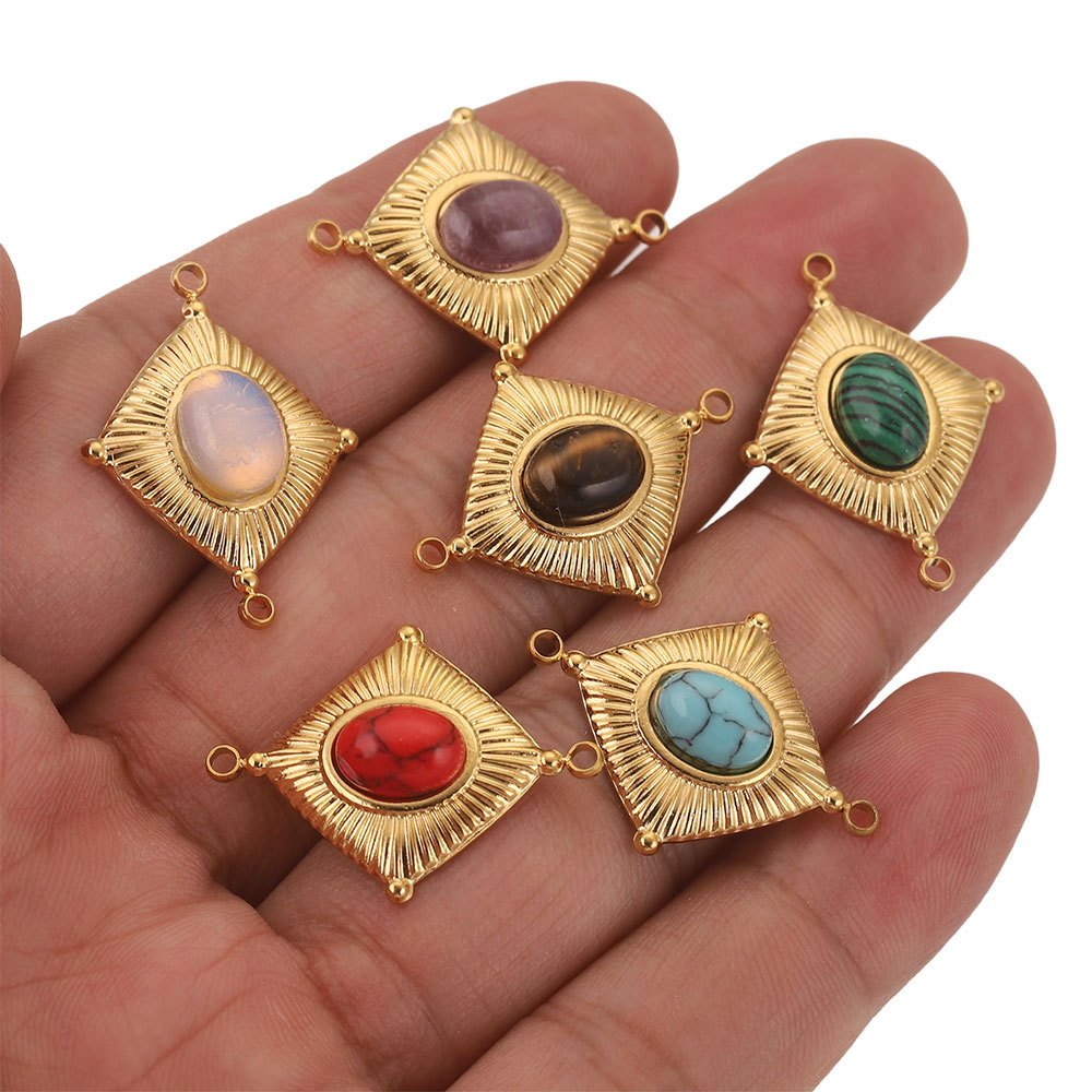 Stainless Steel Double Holes Rhombus With Natural Stone Bracelet Necklace Pendant Connectors For Diy Jewelry Making 216045162282