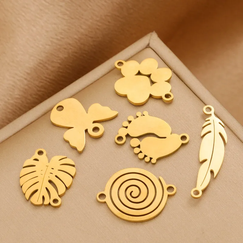 Stainless Steel Gold Plated Bear Paw Feather Dinosaur Double Hole Pendant Connector DIY Necklace Bracelet Accessory