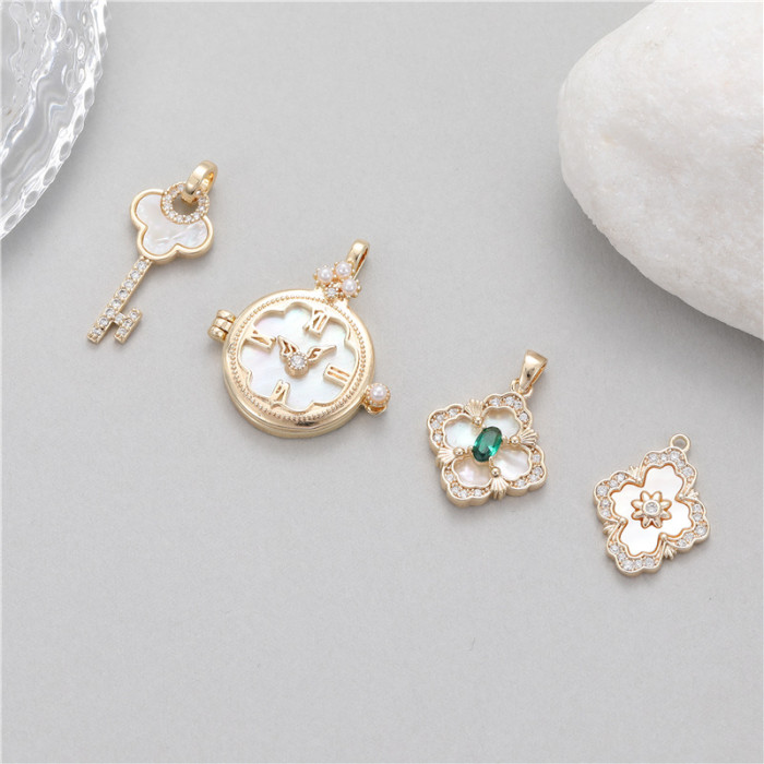 Stylish Chic Hypoallergenic Key Four-leaf Clover Clock 14K Gold Plated Bracelet Pendant Handmade DIY Jewelry Accessories