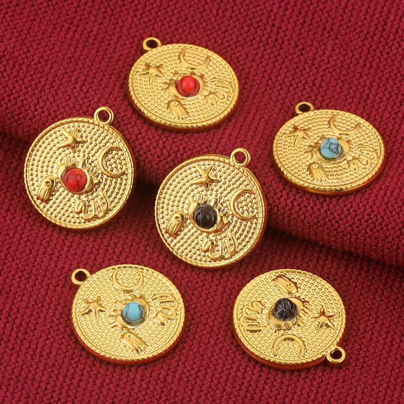 Stainless Steel Natural Stone Round Moon Star Pendant DIY Necklace Earrings Jewelry Accessories