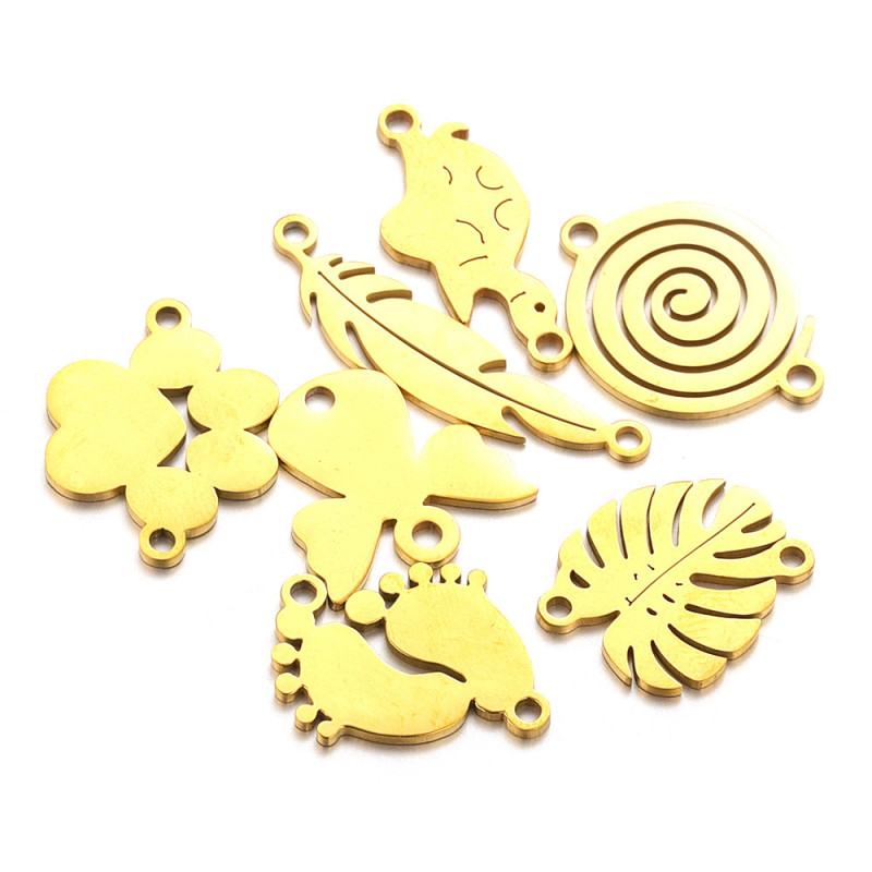 Stainless Steel Gold Plated Bear Paw Feather Dinosaur Double Hole Pendant Connector DIY Necklace Bracelet Accessory