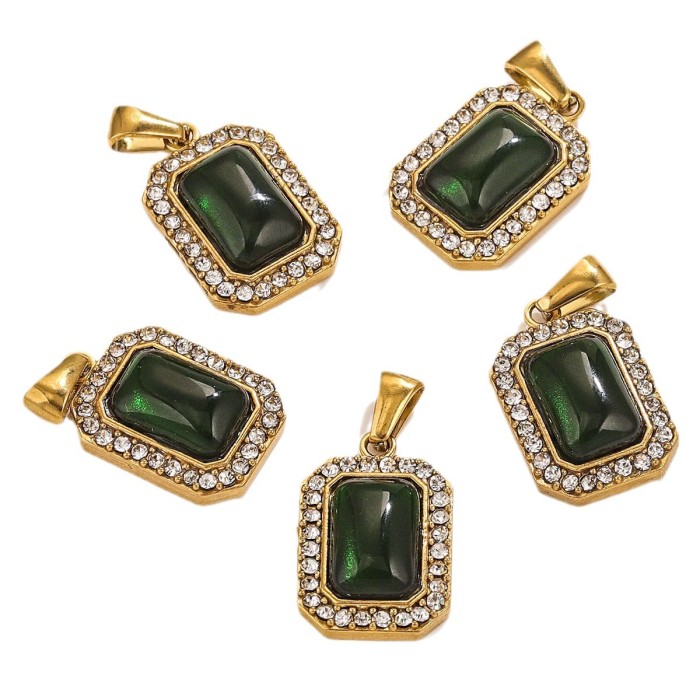 Stainless Steel 18K Gold Plated Green Zircon Pendant Necklace for Woman Jewelry Wholesale